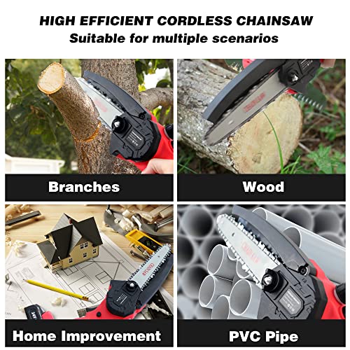 AUGKLE Mini Chainsaw Cordless 6' Electric Prunning Kit with 2Pack Upgraded 24V Battery Quick Charger for 2H+ Use & 2 Chains, Portable Garden Bush Branch Pruning Wood Cutting, Red