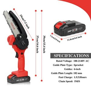 AUGKLE Mini Chainsaw Cordless 6' Electric Prunning Kit with 2Pack Upgraded 24V Battery Quick Charger for 2H+ Use & 2 Chains, Portable Garden Bush Branch Pruning Wood Cutting, Red