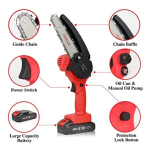 AUGKLE Mini Chainsaw Cordless 6' Electric Prunning Kit with 2Pack Upgraded 24V Battery Quick Charger for 2H+ Use & 2 Chains, Portable Garden Bush Branch Pruning Wood Cutting, Red