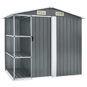 garden metal storage shed with rack | outdoor tool shed storage room with vents | storage sheds with door for outside patio backyard yard lawn | gray galvanized iron 80.7″ x 51.2″ x 72″