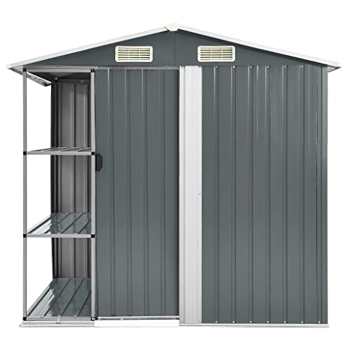 Garden Metal Storage Shed with Rack | Outdoor Tool Shed Storage Room with Vents | Storage Sheds with Door for Outside Patio Backyard Yard Lawn | Gray Galvanized Iron 80.7" x 51.2" x 72"