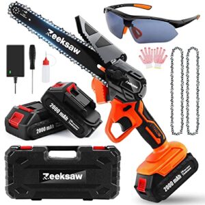 mini chainsaw 6 inch cordless, zeeksaw super power hand chain saw with battery, 1 hour run-time electric chainsaw cordless, small handheld chainsaw battery powered, electric mini chain saw – tree wood