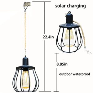 Hanging Solar Lights Outdoor - Hemp Rope Solar Powered Lantern Waterproof Retro Lanterns Lamps with Warm Light Edison Bulb for Patio,Yard,Garden and Pathway Decoration(Semicircle), Warm White