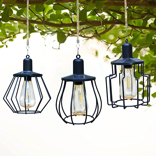 Hanging Solar Lights Outdoor - Hemp Rope Solar Powered Lantern Waterproof Retro Lanterns Lamps with Warm Light Edison Bulb for Patio,Yard,Garden and Pathway Decoration(Semicircle), Warm White