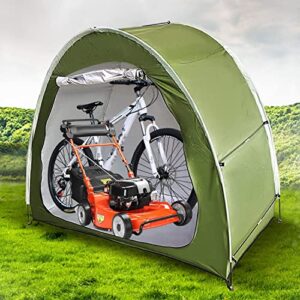 silver painted bike storage tent shed, 79” outdoor portable cover for bike, lawn mower & garden tools bike shelter, waterproof multifunctional storage tent green