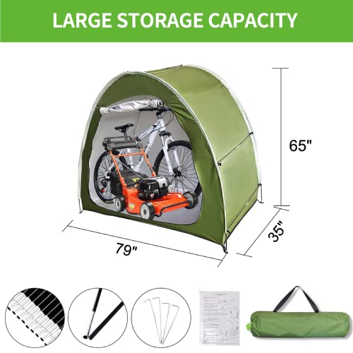 Silver Painted Bike Storage Tent Shed, 79'' Outdoor Portable Cover for Bike, Lawn Mower & Garden Tools Bike Shelter, Waterproof Multifunctional Storage Tent Green