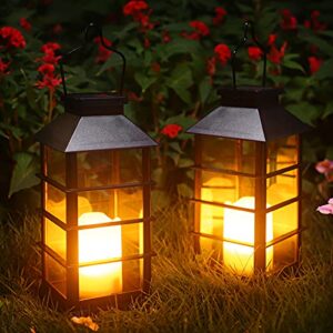 2 pack christmas solar lantern,outdoor garden hanging lantern-waterproof led solar lanterns plastic flickering flameless candle mission lights for christmas table, outdoor, party decorative (black)