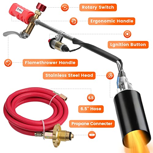 ANBULL Propane Torch Weed Burner, Outdoor Flame Thrower with 6.5FT Hose and Push Button Igniter, High Heat Output 500,000BTU Flame Weeder Kit for Weed, Snow, Charcoal, Asphalt