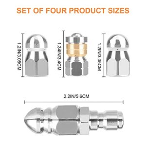 WEOSMIRA Pressure Washer Sewer Jetter Nozzles,4 Pieces, Pointed,Button Nose,Rotating and Corner Jetting Sewer Nozzle,Different Models,Stainless Steel,1/4 Inch Quick Connector,Orifice 4.0, 4.5, 5.5