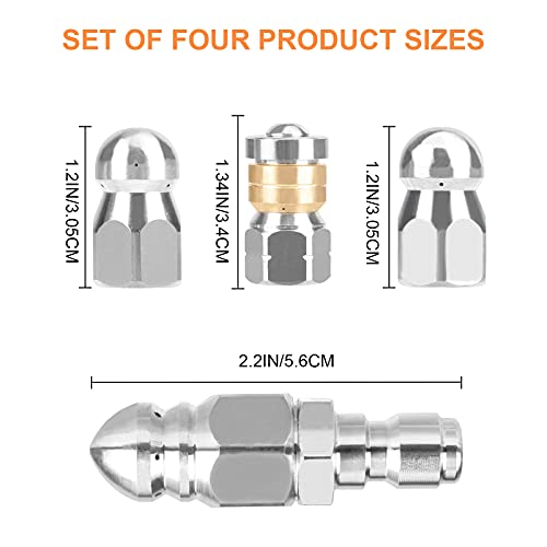 WEOSMIRA Pressure Washer Sewer Jetter Nozzles,4 Pieces, Pointed,Button Nose,Rotating and Corner Jetting Sewer Nozzle,Different Models,Stainless Steel,1/4 Inch Quick Connector,Orifice 4.0, 4.5, 5.5