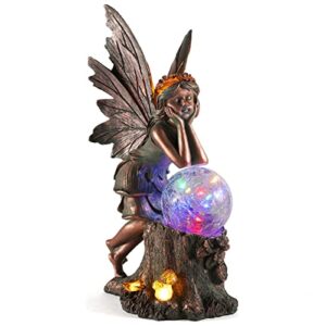 mibung 13.2 inch large fairy angel garden statue sculpture with glass ball solar lights, bronze fairy elf girl outdoor figurine patio yard lawn outside decor, housewarming birthday ornament gift