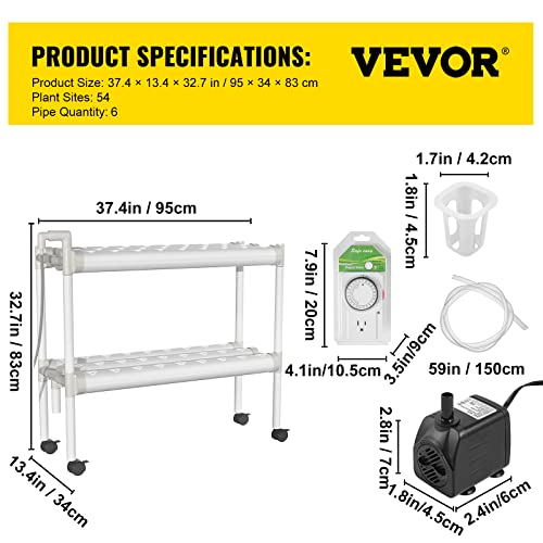 VEVOR Hydroponics Growing System, 54 Sites 6 Pipes Hydroponic System, 2 Layers Hydroponic Kit, Vertical Hydroponic Growing System with Water Pump, Pump Timer