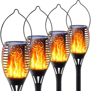 fitsan 4pack solar torch light with flickering flame, upgraded 3in1 solar lights outdoor hanging lantern, waterproof landscape decoration lighting for garden yard pathway driveway, auto on/off