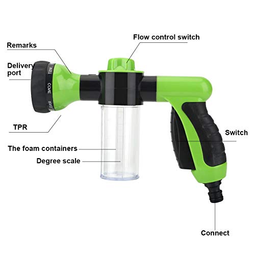 Garden Hose Nozzle, High Pressure Spray Car Washer Foam Water Gun Cleaning Tool Washer 6m Heavy Duty 8 Adjustable Watering Patterns(Green)