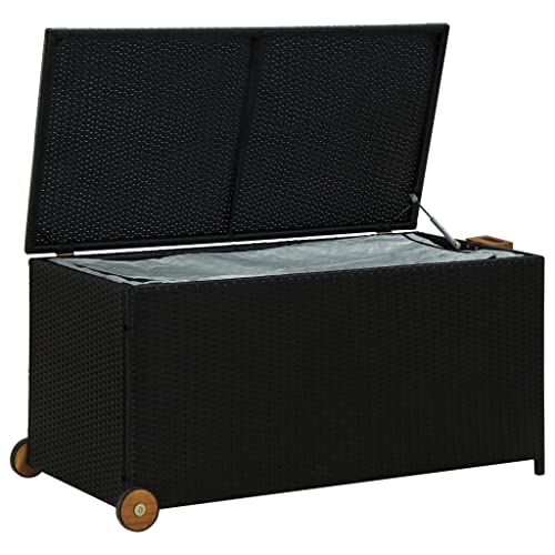 Weather-Resistant PE Rattan Garden Storage Box with Easy Transport Handle and Wheels, Outdoor Storage Sheds with Lid Storage Chest with Inner Waterproof Bag for Patio and Balcony, 47.2" x 25.6" x 24"