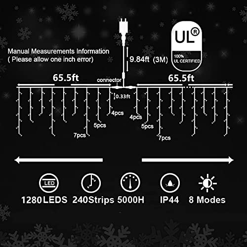 JXLEDAYY Christmas Lights Super Long 1280 LED 131 FT LED String Lights with 240 Drops Plug in 8 Modes Christmas Decoration for Holiday Wedding Party Bedroom Garden Patio Outdoor Indoor (Warm White)