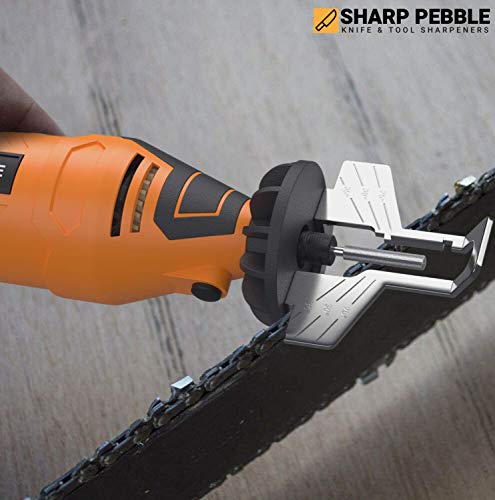 Sharp Pebble Electric Chainsaw Sharpener Kit - Comes with Chain Saw Sharpener Tool, 4 File Size Diamond Sharpening Wheels, Angle Attachment, Wrench & eBook.