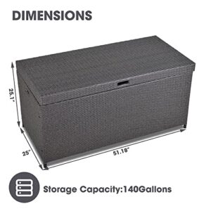 140 Gallon Patio Storage Box with Waterproof Inner Large Wicker Outdoor Storage, Deck Boxes for Cushions, Garden Tools, Pool Toys, Aluminum Frame, Grey