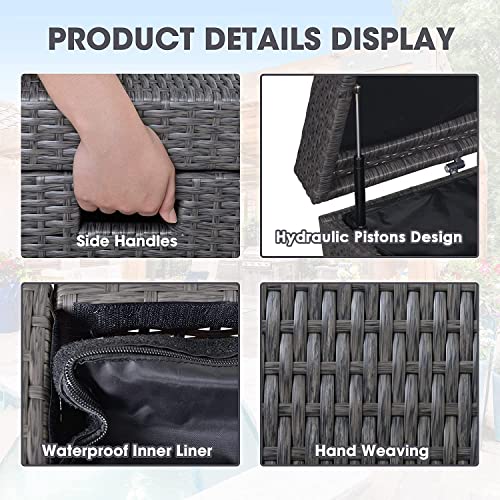 140 Gallon Patio Storage Box with Waterproof Inner Large Wicker Outdoor Storage, Deck Boxes for Cushions, Garden Tools, Pool Toys, Aluminum Frame, Grey