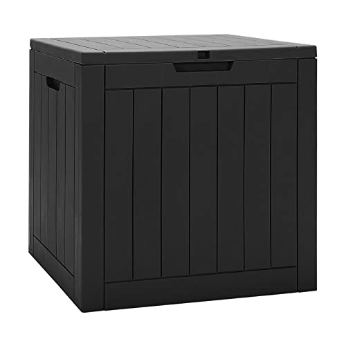 Giantex 30 Gallon Deck Box, Patio Cubby Storage Chest with Lockable Lid & Built-in Handles, Weather Resistant Organization Container for Garden, Wood Grain Texture Outdoor Storage Bin(Black)