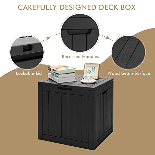 Giantex 30 Gallon Deck Box, Patio Cubby Storage Chest with Lockable Lid & Built-in Handles, Weather Resistant Organization Container for Garden, Wood Grain Texture Outdoor Storage Bin(Black)