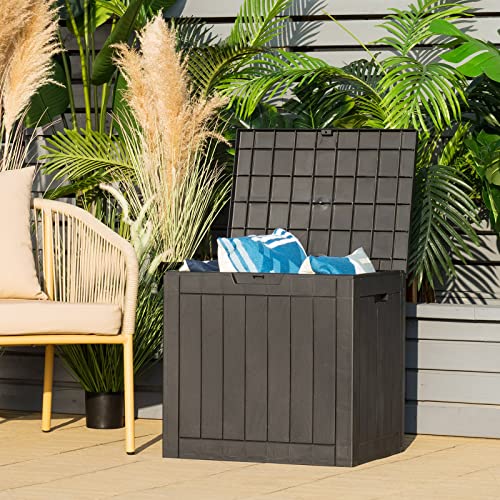 Giantex 30 Gallon Deck Box, Patio Cubby Storage Chest with Lockable Lid & Built-in Handles, Weather Resistant Organization Container for Garden, Wood Grain Texture Outdoor Storage Bin(Black)
