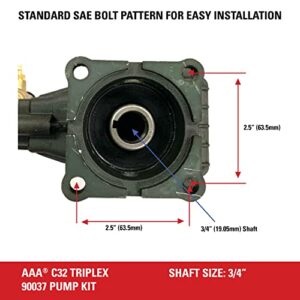 AAA 90037 Horizontal Triplex Plunger Replacement Pressure Washer Pump Kit, 3700 PSI, 2.5 GPM, 3/4" Shaft, Includes Hardware and Siphon Tube, for Industrial Gas Powered Machines, Black