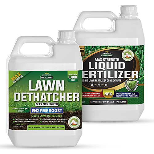 PetraTools Liquid Dethatcher (32oz) and Liquid 16-4-8 Lawn Fertilizer (32 oz)