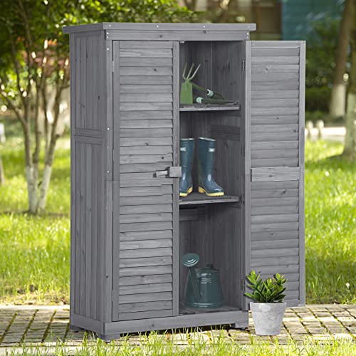 LUMISOL 34" x 18" x 63" Wooden Garden Shed, Outdoor Storage Cabinet with Removable Shelves, Waterproof Asphalt Roof, Adjustable Footpads, Tool Shed with Latch for Backyard, Patio, Lawn (Gray)