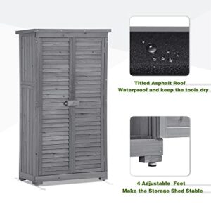 LUMISOL 34" x 18" x 63" Wooden Garden Shed, Outdoor Storage Cabinet with Removable Shelves, Waterproof Asphalt Roof, Adjustable Footpads, Tool Shed with Latch for Backyard, Patio, Lawn (Gray)