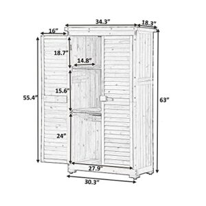 LUMISOL 34" x 18" x 63" Wooden Garden Shed, Outdoor Storage Cabinet with Removable Shelves, Waterproof Asphalt Roof, Adjustable Footpads, Tool Shed with Latch for Backyard, Patio, Lawn (Gray)