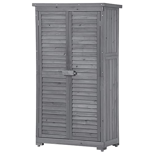 LUMISOL 34" x 18" x 63" Wooden Garden Shed, Outdoor Storage Cabinet with Removable Shelves, Waterproof Asphalt Roof, Adjustable Footpads, Tool Shed with Latch for Backyard, Patio, Lawn (Gray)