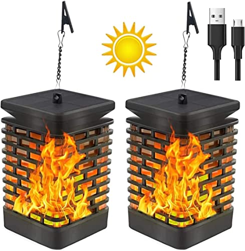 EUBSWA Solar Lantern, Solar Flame Lights Outdoor, Permanent On All Night, 2 Pack Waterproof Solar Lantern Outdoor Hanging Lanterns for Patio Garden Deck Yard and Party Decorative New