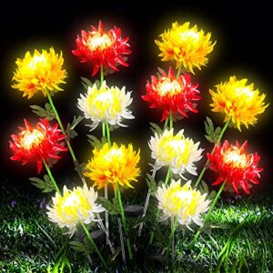12 pcs solar flower lights waterproof garden outdoor chrysanthemum lights led decorative flowers stake light for home backyard pathway patio yard walkway porch fences decorations, yellow red white