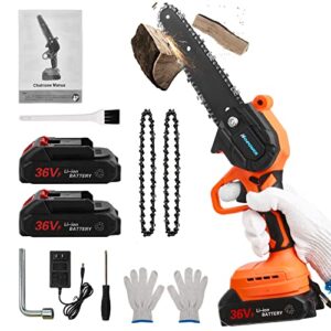 mini chainsaw 6-inch with 2 battery, upgrade brushless motor, cordless power chain saws with security lock, hand held small chainsaw for wood cutting tree trimming