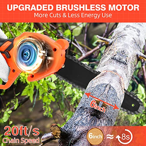 Mini Chainsaw 6-Inch with 2 Battery, Upgrade Brushless Motor, Cordless Power Chain Saws with Security Lock, Hand held Small Chainsaw for Wood Cutting Tree Trimming