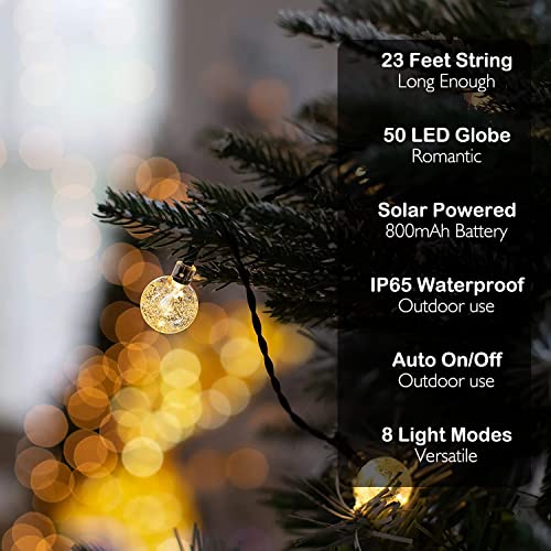 ANJAYLIA Solar Outdoor String Lights, 23Ft 50LED Globe String Lights with 8 Lighting Modes, Waterproof Solar Powered Patio Lights for Garden, Porch, Patio, Gazebo, Yard, Balcony, Outdoors (Warm White)