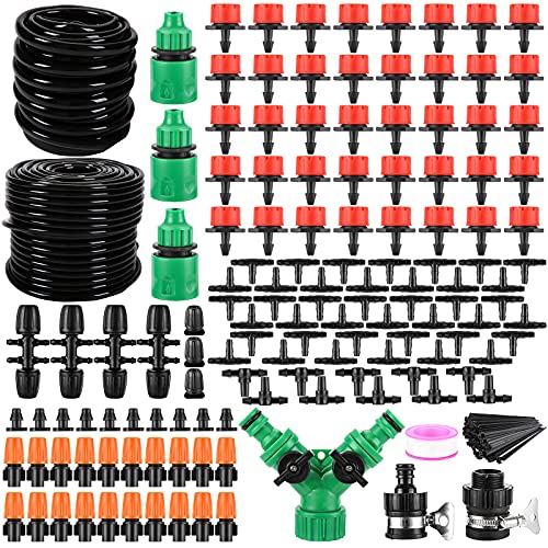 ZADEFERI Drip Irrigation Kit，164FT 197 Pack Garden Irrigation System 1/4'' 1/2'' Blank Distribution Tubing Watering Drip Kit Automatic Irrigation Equipment for Garden Greenhouse，Flower Bed，Patio，Lawn