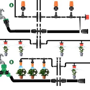 ZADEFERI Drip Irrigation Kit，164FT 197 Pack Garden Irrigation System 1/4'' 1/2'' Blank Distribution Tubing Watering Drip Kit Automatic Irrigation Equipment for Garden Greenhouse，Flower Bed，Patio，Lawn