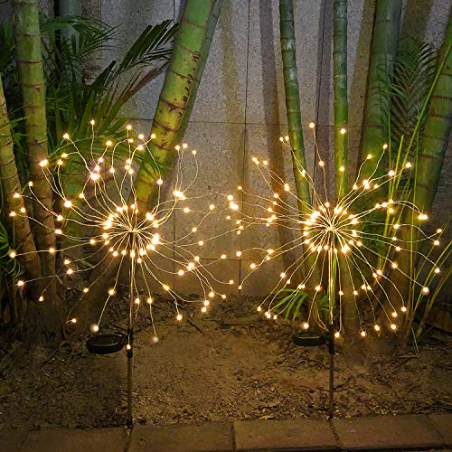 HeyMate Solar Firework Lights Garden Decorative Light - 2 Pack Warm White Solar Fireworks Lights with 105 LED Powered 35 Copper Wires Christmas Solar Lights Outdoor for Pathway Patio Yard Lawn