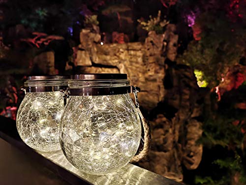 2 Pack Hanging Solar Powered LED Lights,Cracked Glass Ball Light, Waterproof Outdoor Christmas Decorative Lantern for Garden, Yard, Patio, Lawn(Warm White)