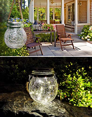 2 Pack Hanging Solar Powered LED Lights,Cracked Glass Ball Light, Waterproof Outdoor Christmas Decorative Lantern for Garden, Yard, Patio, Lawn(Warm White)