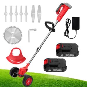 xverycan weed wacker cordless, 800w electric weed eater, garden grass trimmer with battery, charger, wheels, lightweight & easy, efficient weeding, red