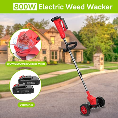 Xverycan Weed Wacker Cordless, 800W Electric Weed Eater, Garden Grass Trimmer with Battery, Charger, Wheels, Lightweight & Easy, Efficient Weeding, Red