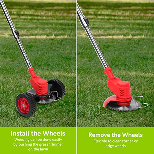 Xverycan Weed Wacker Cordless, 800W Electric Weed Eater, Garden Grass Trimmer with Battery, Charger, Wheels, Lightweight & Easy, Efficient Weeding, Red