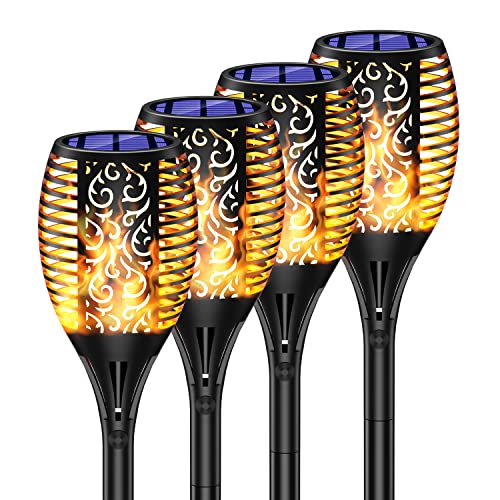 XODO Solar Outdoor Lights, FL1 4 Pack Solar Torch with Flickering Flames, Solar Garden Lights, Waterproof Solar Powered Outdoor Lights, Decorations, 100 LEDs Mini Torch Light for Yard, Pathway, Porch