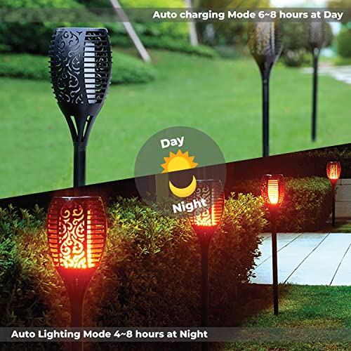 XODO Solar Outdoor Lights, FL1 4 Pack Solar Torch with Flickering Flames, Solar Garden Lights, Waterproof Solar Powered Outdoor Lights, Decorations, 100 LEDs Mini Torch Light for Yard, Pathway, Porch