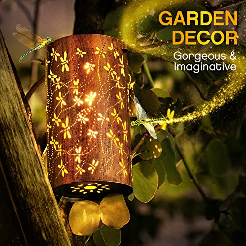 2 Pcs Solar Lanterns Outdoor Hanging, Metal LED Dragonfly Hanging Lantern Lights Dragonfly Gifts for Women Decorative Hollowed Waterproof Retro Garden Night Light Christmas for Patio Backyard Pathway