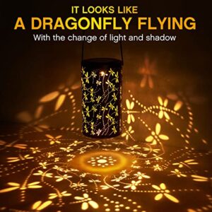 2 Pcs Solar Lanterns Outdoor Hanging, Metal LED Dragonfly Hanging Lantern Lights Dragonfly Gifts for Women Decorative Hollowed Waterproof Retro Garden Night Light Christmas for Patio Backyard Pathway