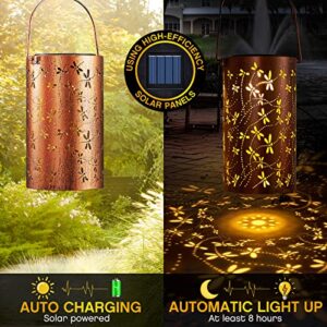 2 Pcs Solar Lanterns Outdoor Hanging, Metal LED Dragonfly Hanging Lantern Lights Dragonfly Gifts for Women Decorative Hollowed Waterproof Retro Garden Night Light Christmas for Patio Backyard Pathway